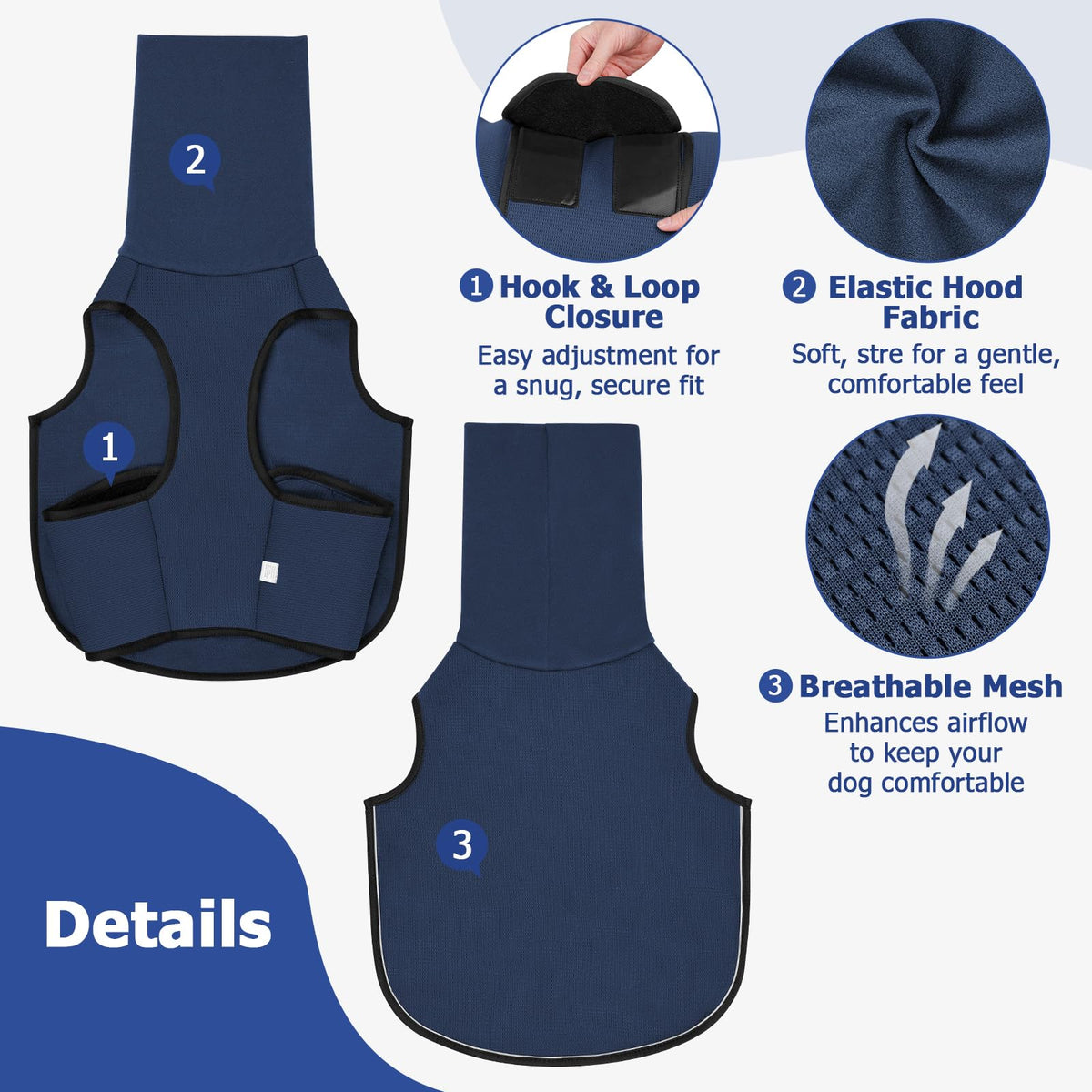 Golden retriever wearing navy blue Zen-Vest calming hooded vest [BLUE:3]