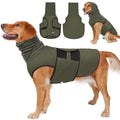 Golden retriever wearing forest green Zen-Vest with hood, group shot showing front, back, and hooded views [GREEN:0]