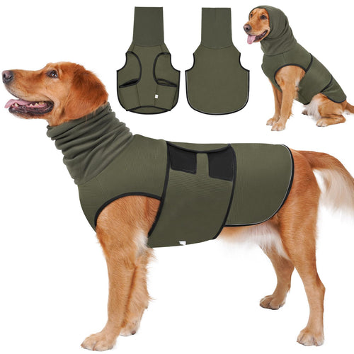 Golden retriever wearing forest green Zen-Vest with hood, group shot showing front, back, and hooded views [GREEN:0]