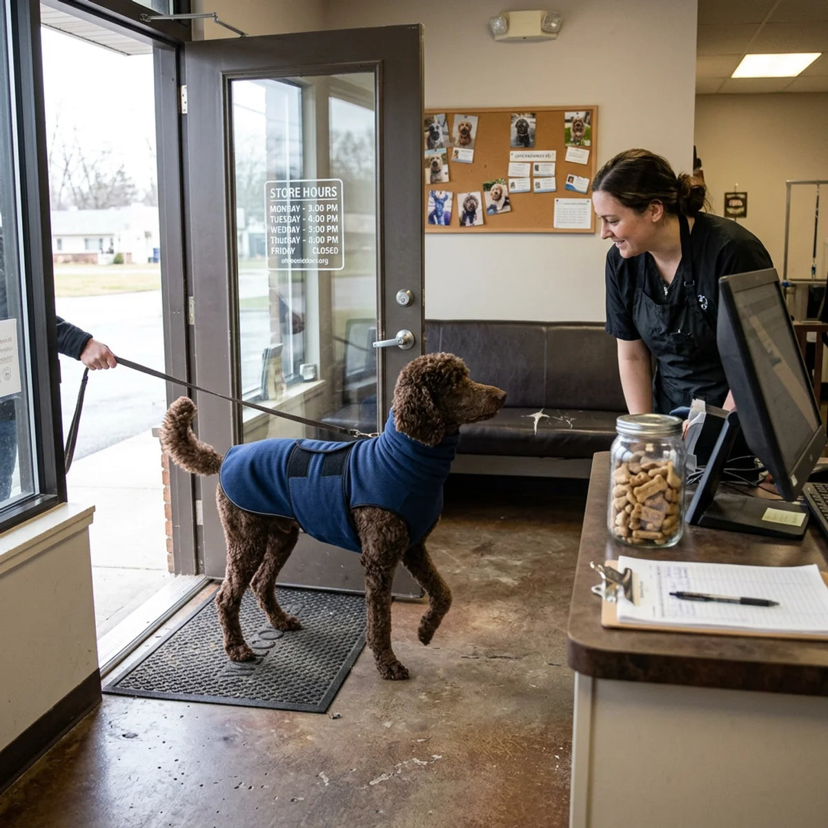 Golden retriever wearing navy blue Zen-Vest calming hooded vest [BLUE:1]
