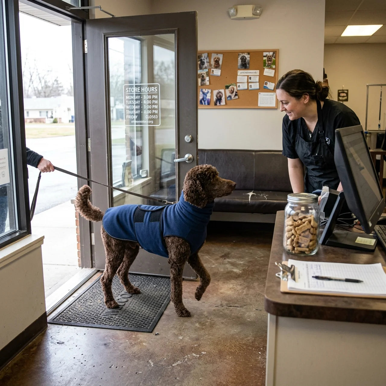 Golden retriever wearing navy blue Zen-Vest calming hooded vest [BLUE:1]
